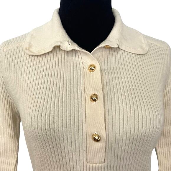 Banana Republic Merino Wool Ribbed Collared Sweater Short Sleeve Retro Cream LP - Picture 3 of 9